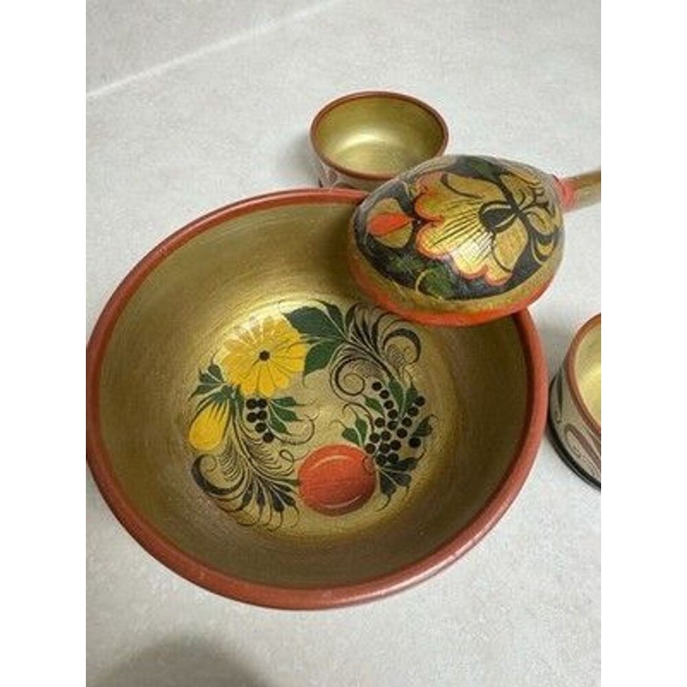 Vintage Russian KHOKHLOMA Lacquered Hand Painted Wooden Spoon And Bowls Set